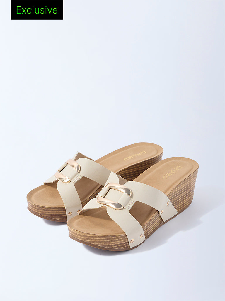 LUNA BLU Ivory Metal-Detail Wedge Heel Sandals