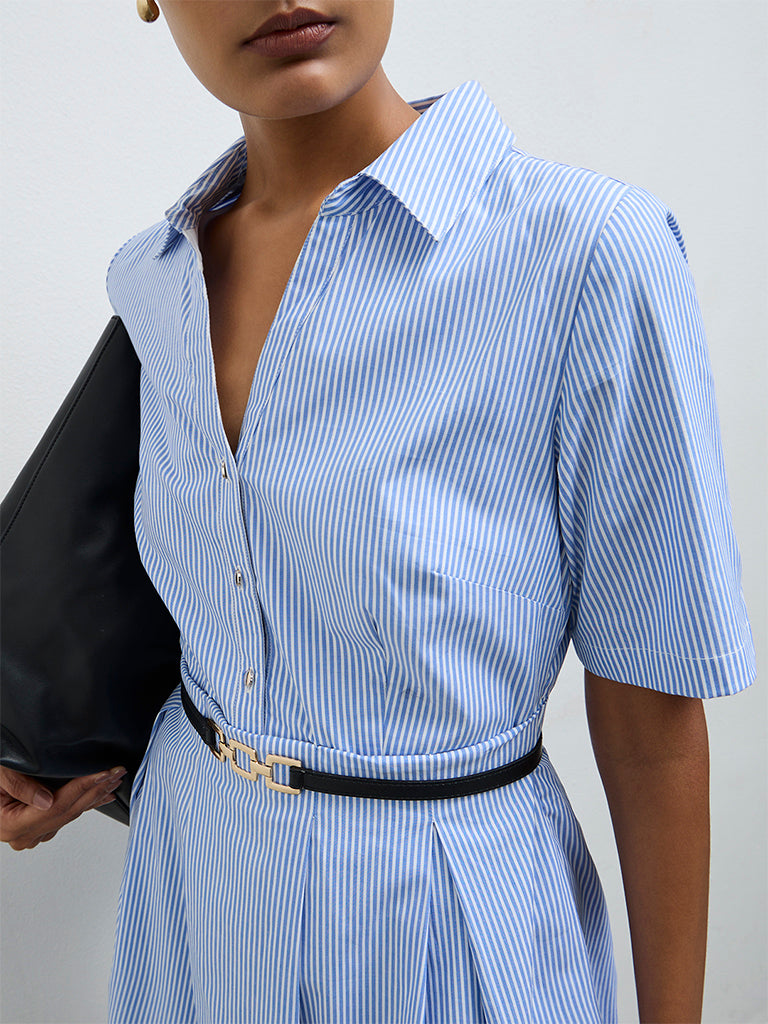 Wardrobe Blue Striped Cotton A-Line Dress with Belt