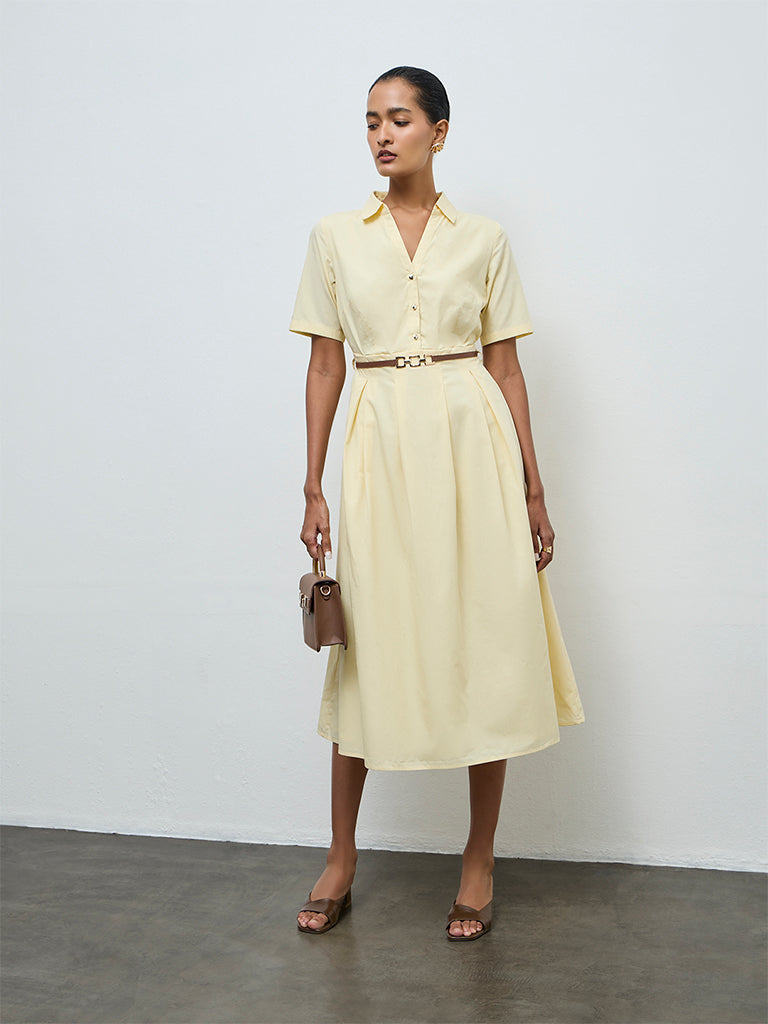 Wardrobe Yellow Solid Cotton A-Line Dress with Belt