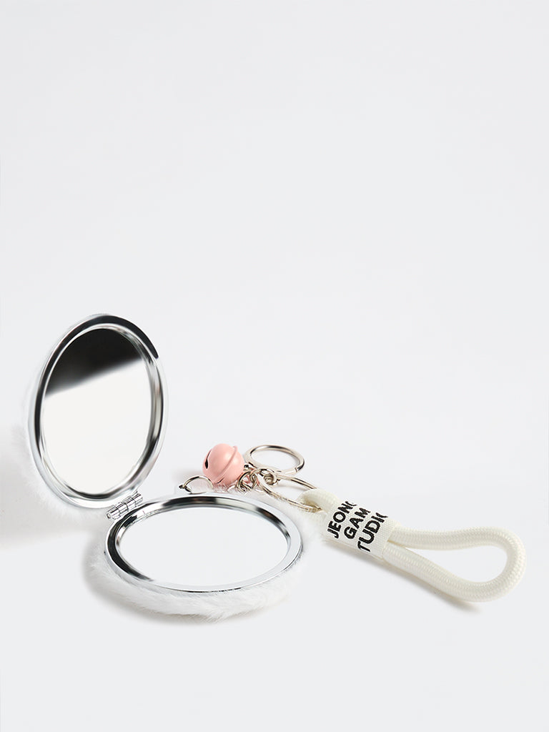 Westside Accessories White Fur-Textured Pocket Mirror Charm