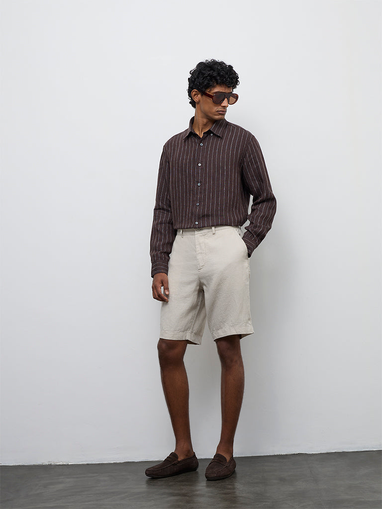Ascot Beige Solid Relaxed-Fit Mid-Rise Linen Shorts