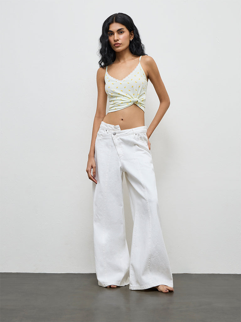 Superstar White Printed Ribbed Cotton-Blend Camisole