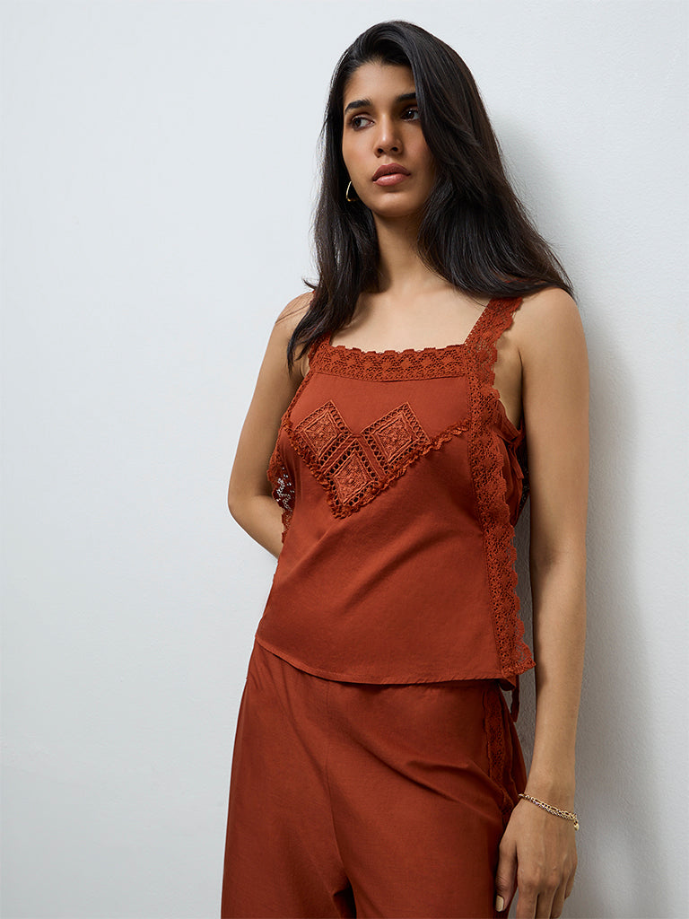 LOV Rust Embroidered Cotton Top