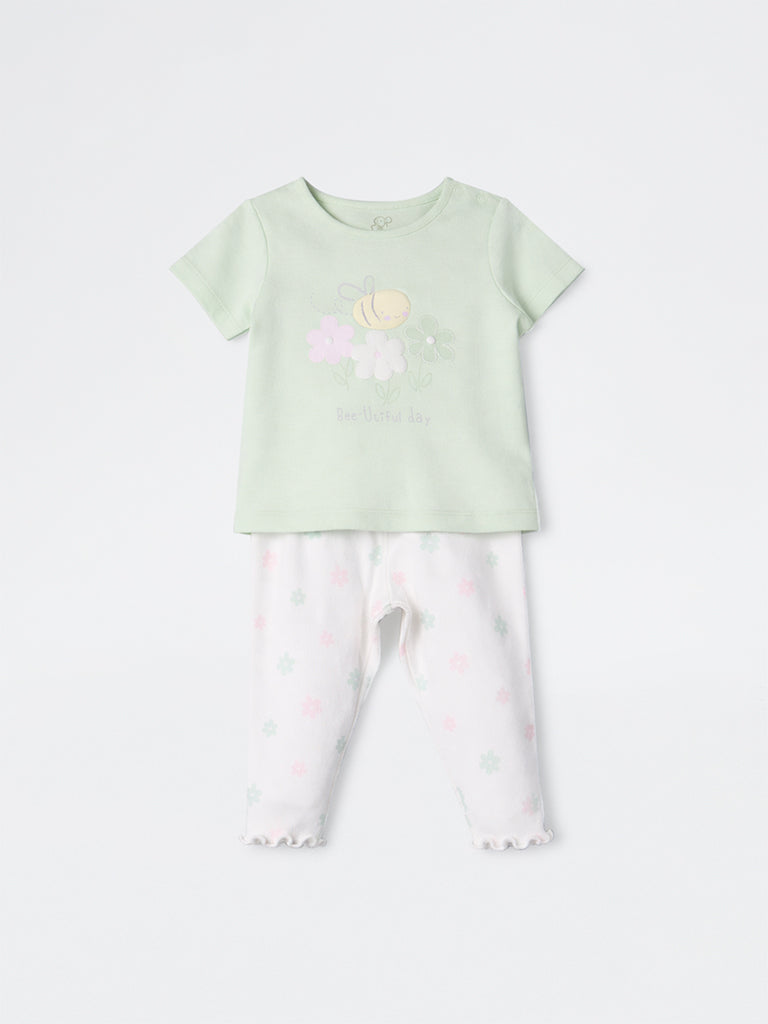 HOP Baby Girls Sage Floral Printed 2-Piece Cotton Set