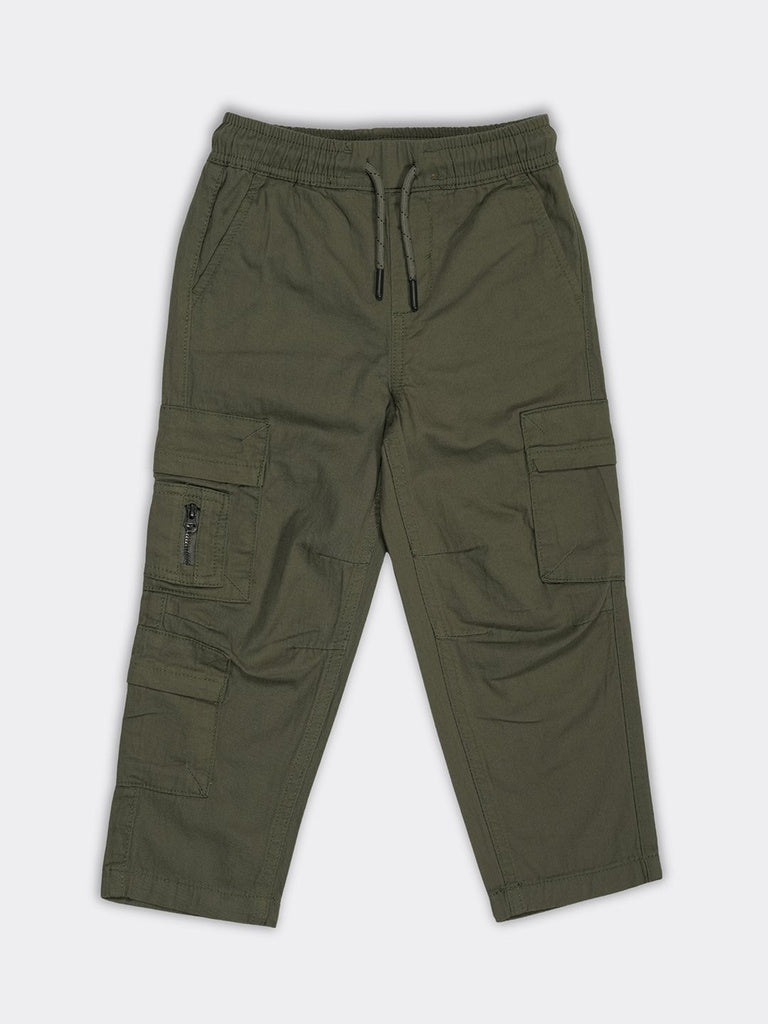 HOP Kids Boys Olive Multi-Pocket Mid-Rise Cotton Cargo Pants