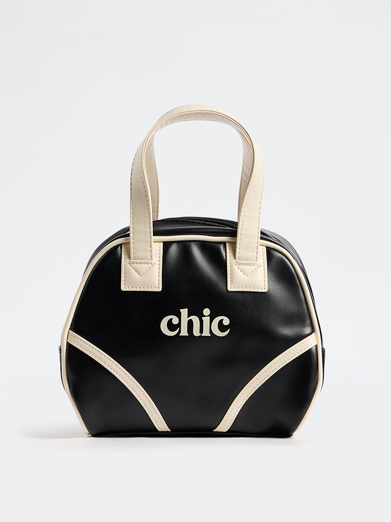Girls Black Text-Detail Shoulder Bag