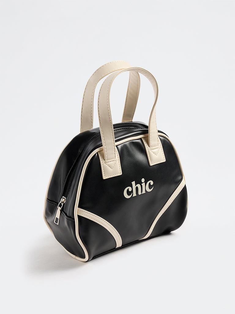 Girls Black Text-Detail Shoulder Bag