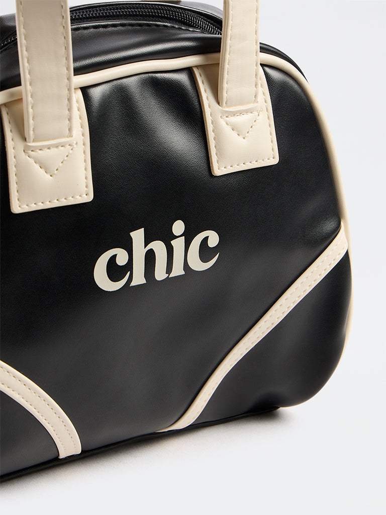 Girls Black Text-Detail Shoulder Bag