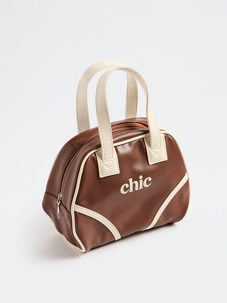 Girls Brown Text-Detail Shoulder Bag