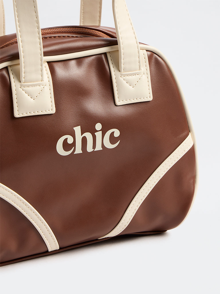 Girls Brown Text-Detail Shoulder Bag