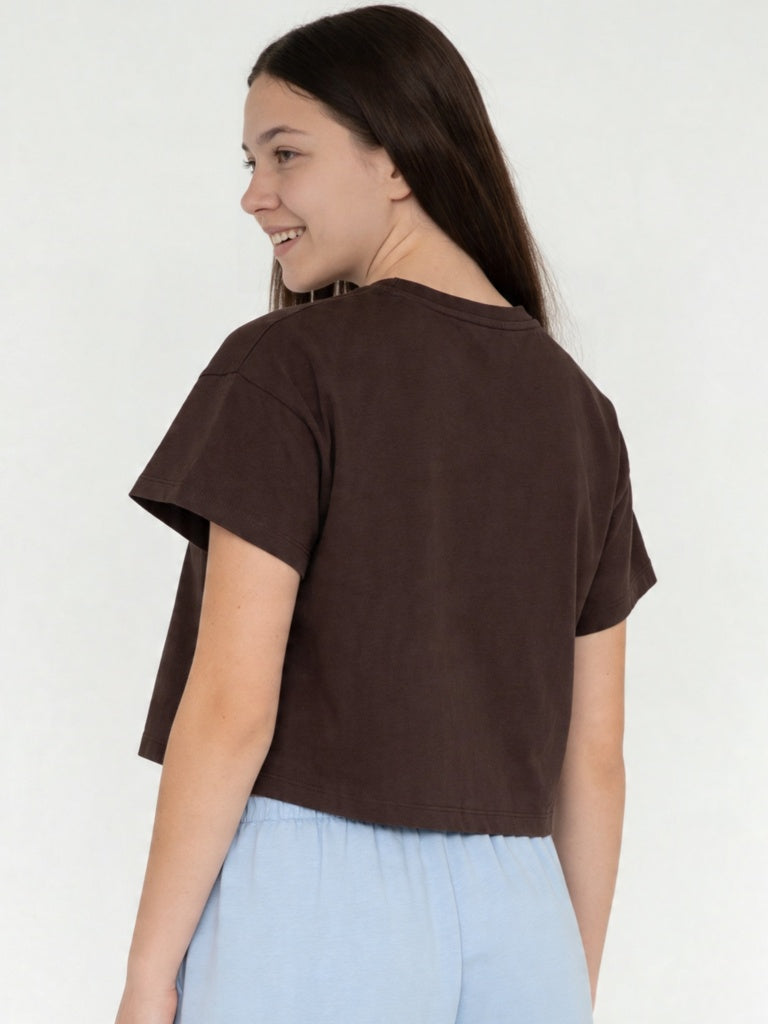Girls Dark Brown Printed Cotton T-Shirt
