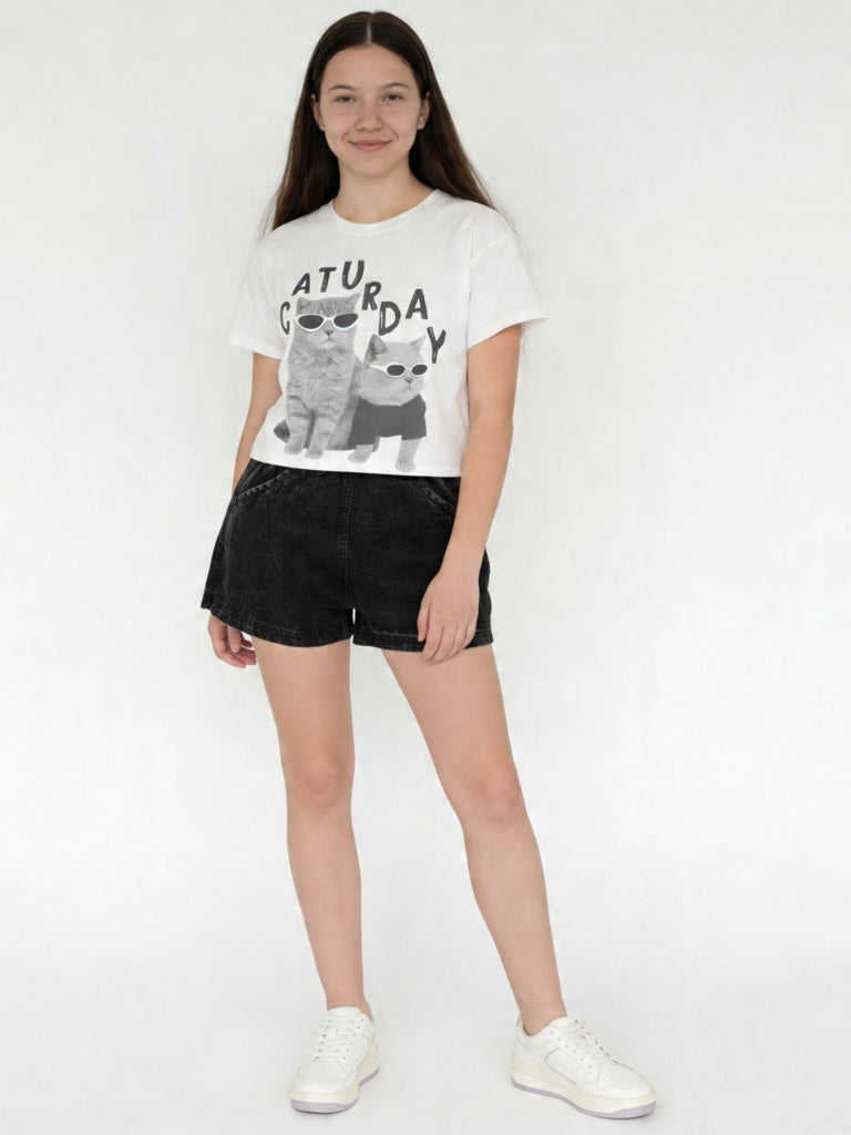 Girls White Printed Cotton T-Shirt