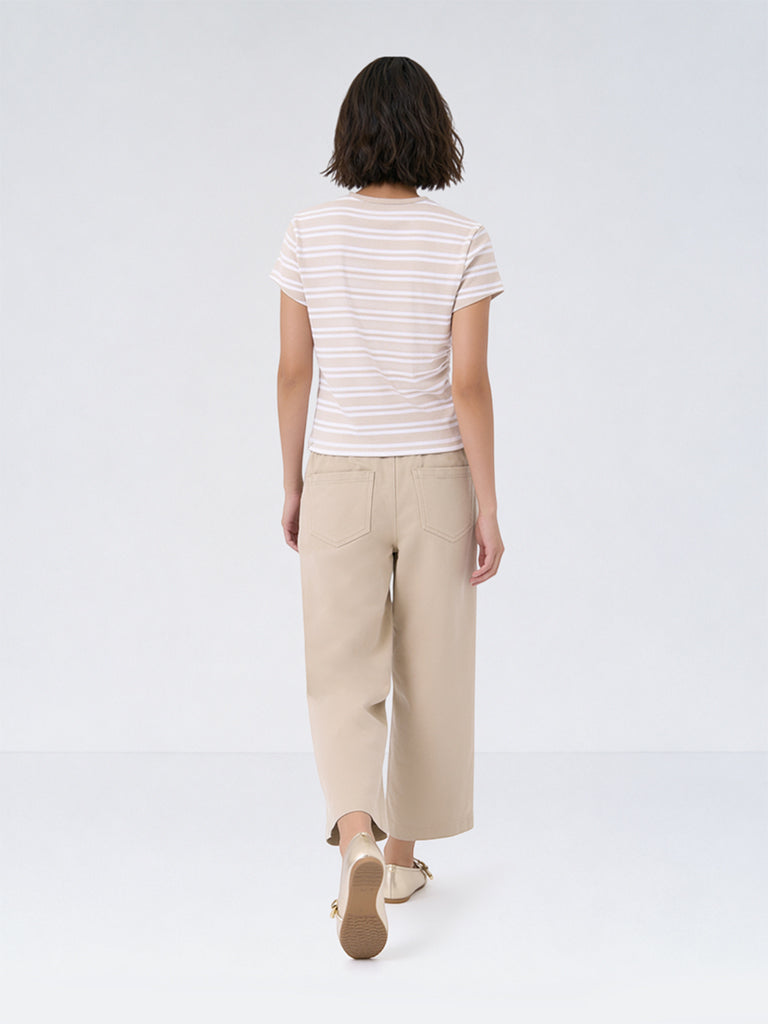 Girls Beige High-Rise Relaxed-Fit Jeans