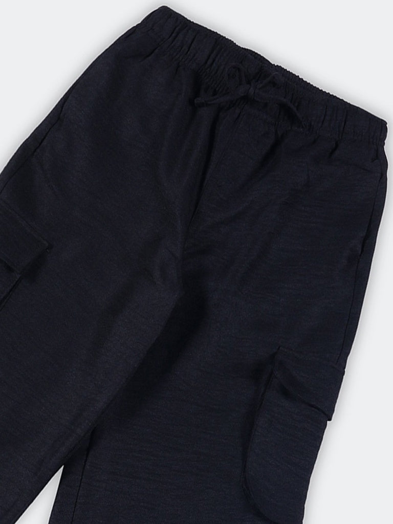 Girls Black Multi-Pocket Cargo Wide Leg Trousers
