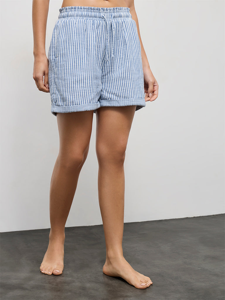 Wunderlove Blue Striped High-Rise Cotton Beach Shorts