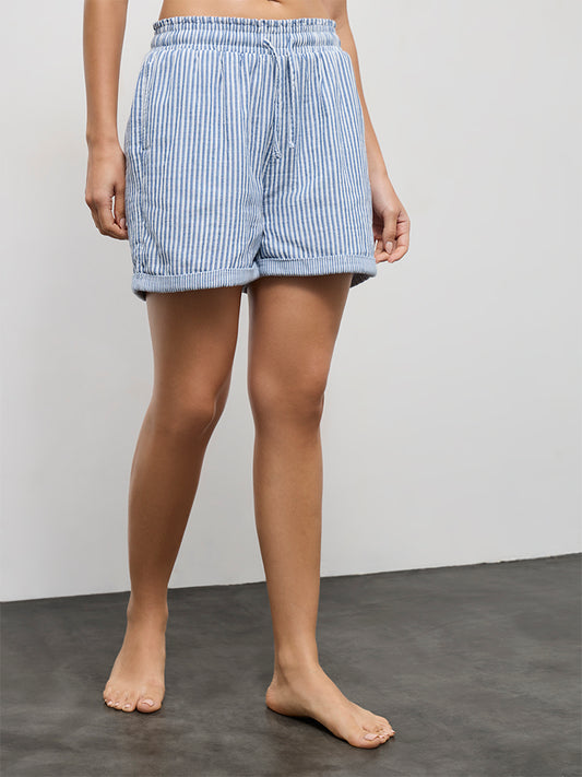 Wunderlove Blue Striped High-Rise Cotton Beach Shorts