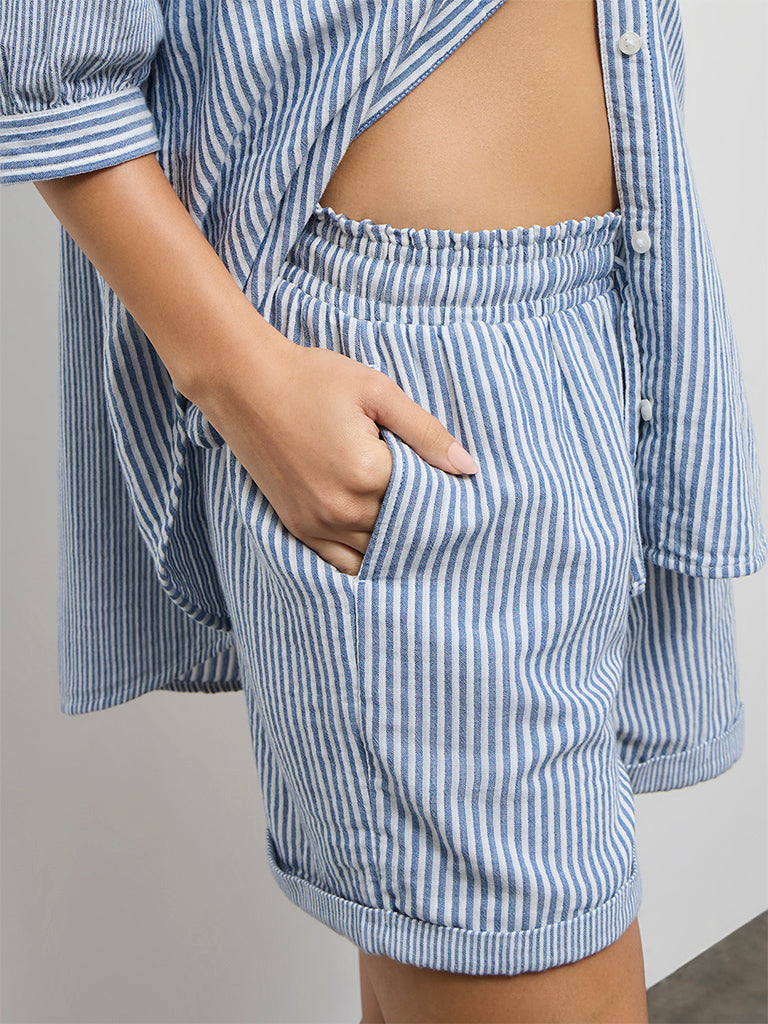 Wunderlove Blue Striped High-Rise Cotton Beach Shorts