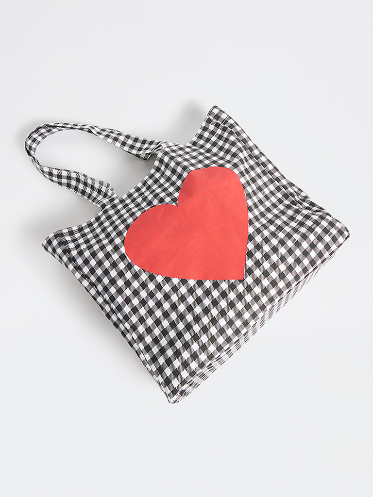 Wunderlove  Black Gingham Checkered Canvas Tote Bag