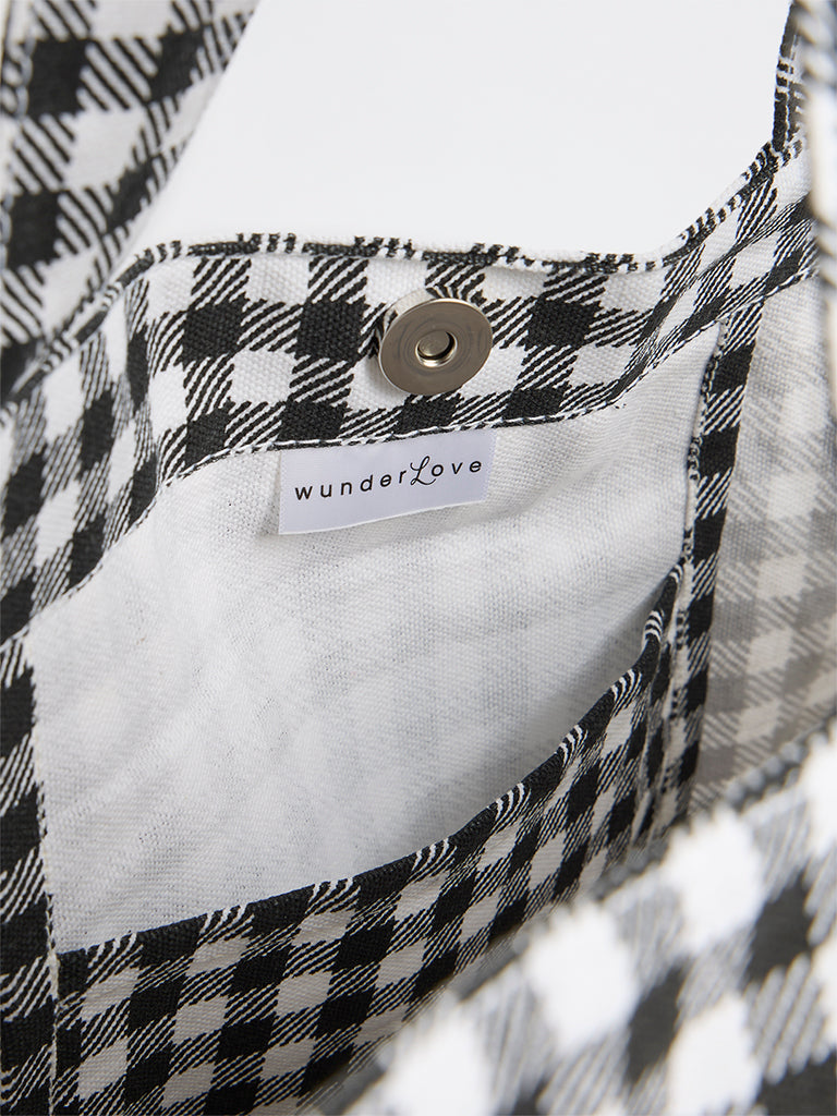 Wunderlove  Black Gingham Checkered Canvas Tote Bag
