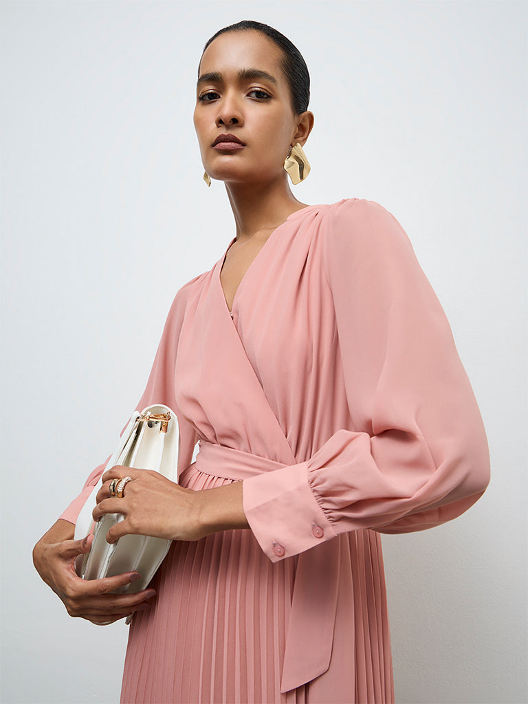 Wardrobe Dusty Pink Pleated A-Line Dress with a Belt