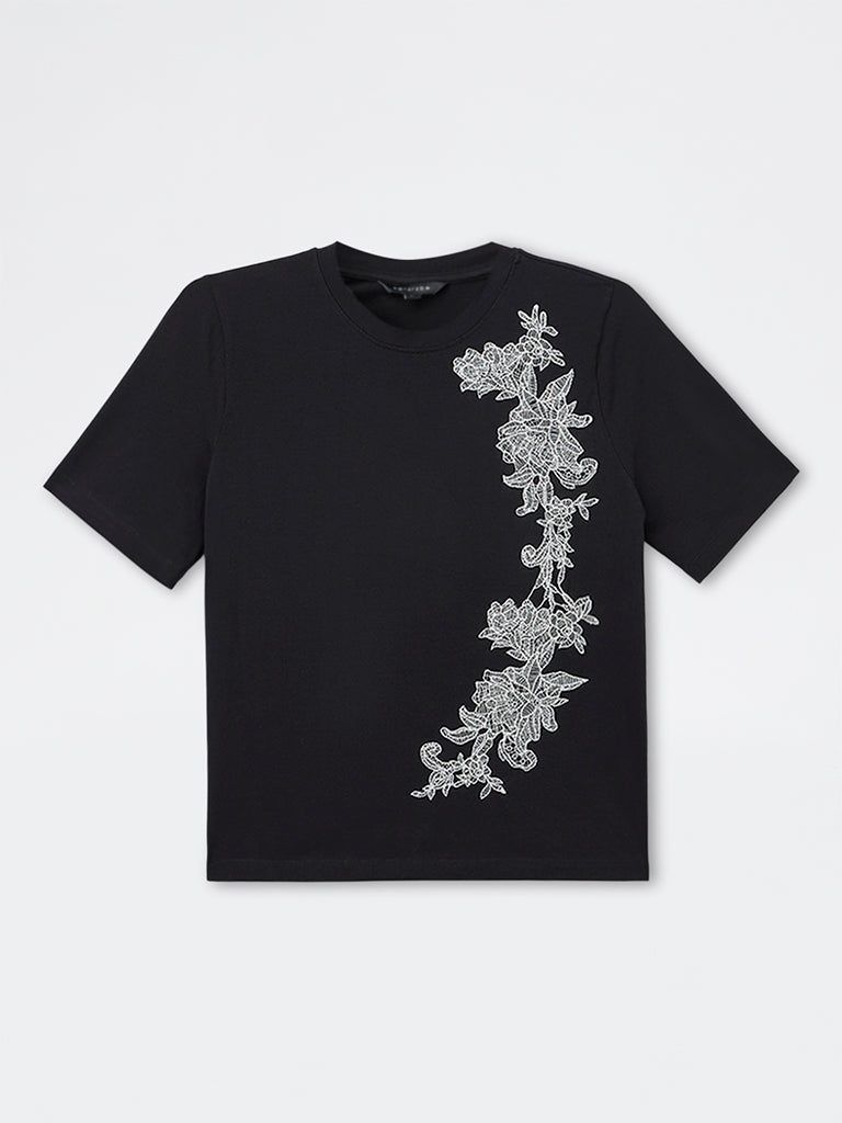 Wardrobe Black Embroidered Cotton-Blend T-Shirt