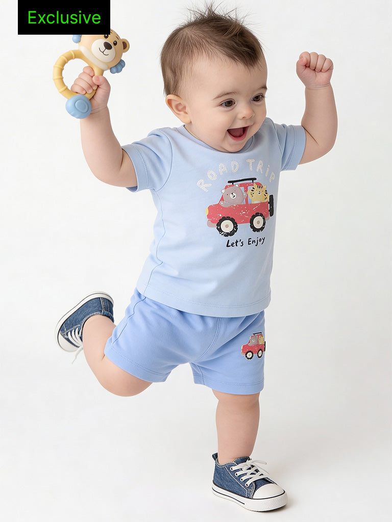 2-Piece HOP Baby Boys Blue Printed Cotton Set