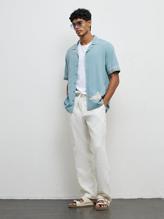 ETA Light Teal Embroidered Relaxed-Fit Cotton Shirt