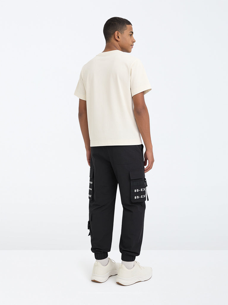 Boys Black Text-Detail Cargo-Style Joggers