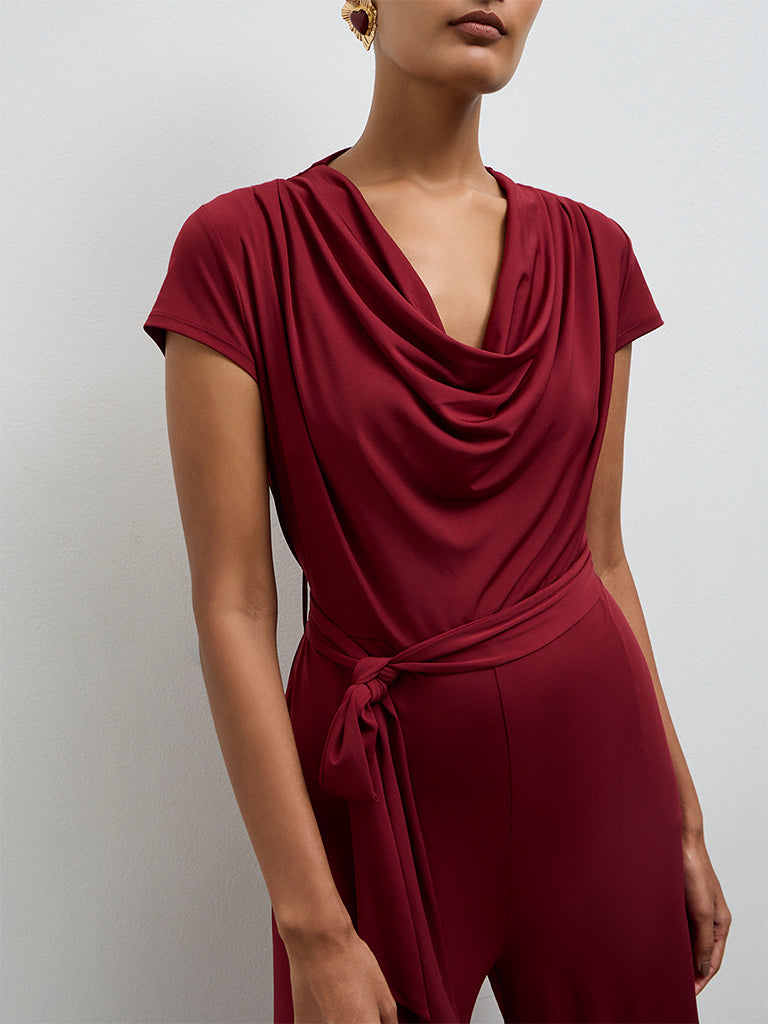 Wardrobe Maroon Cowl Neckline Jumpsuit