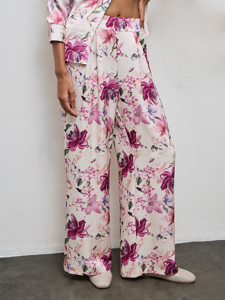 Wardrobe Pink Floral Design High-Rise Trousers