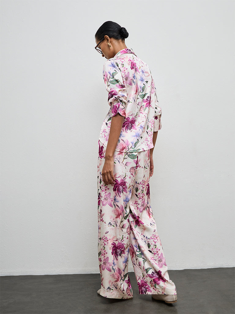 Wardrobe Pink Floral Design High-Rise Trousers
