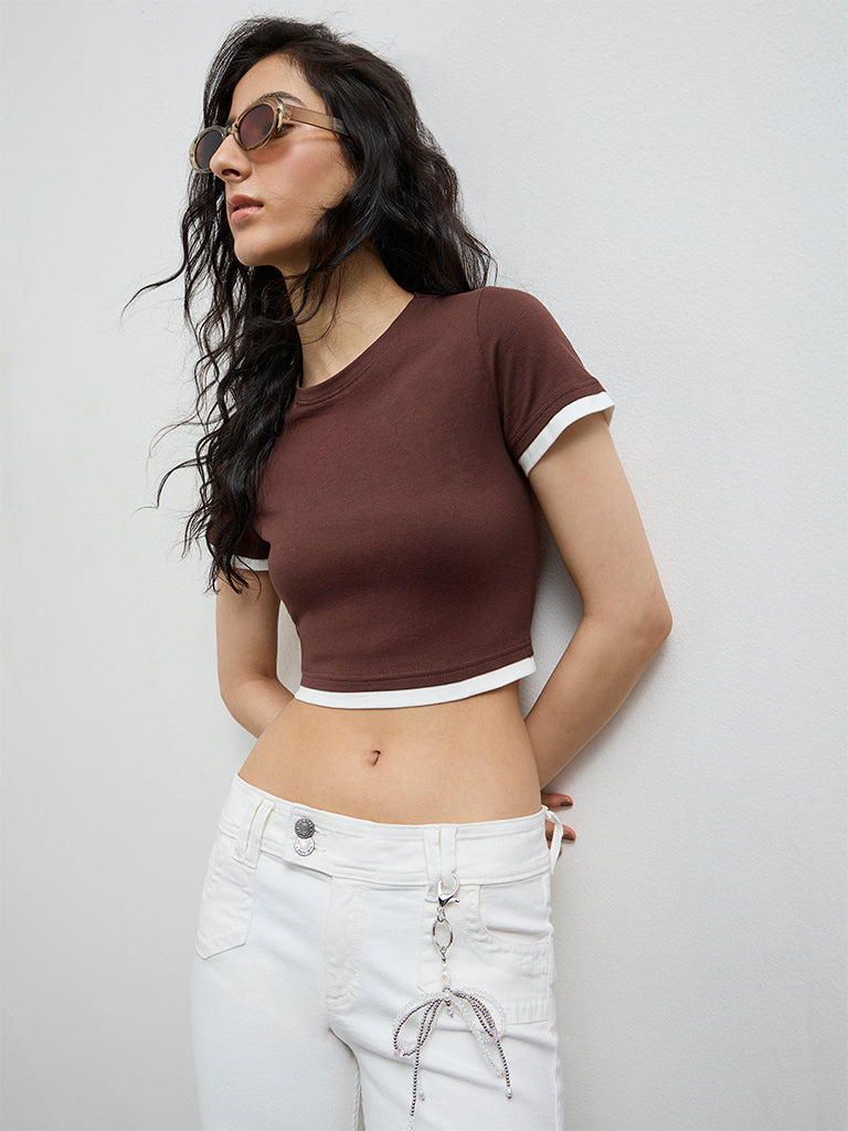 Nuon Dark Brown Contrast-Detailed Cotton T-Shirt