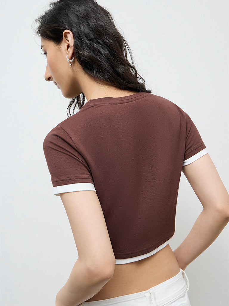 Nuon Dark Brown Contrast-Detailed Cotton T-Shirt