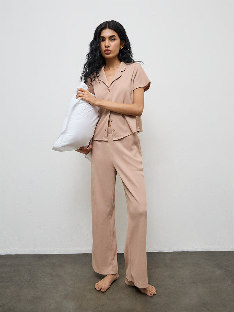 Superstar Taupe Waffle-Textured High-Rise Pants
