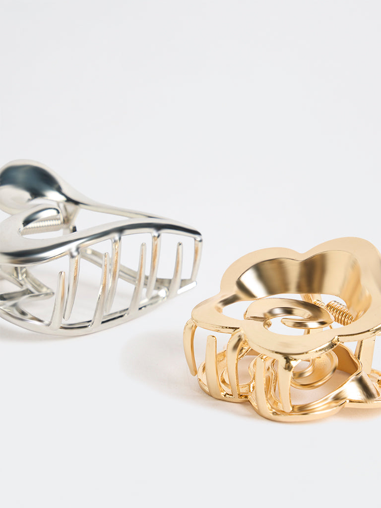 Westside Accessories Gold and Silver Metallic Floral Claw Clip - Pack of 2