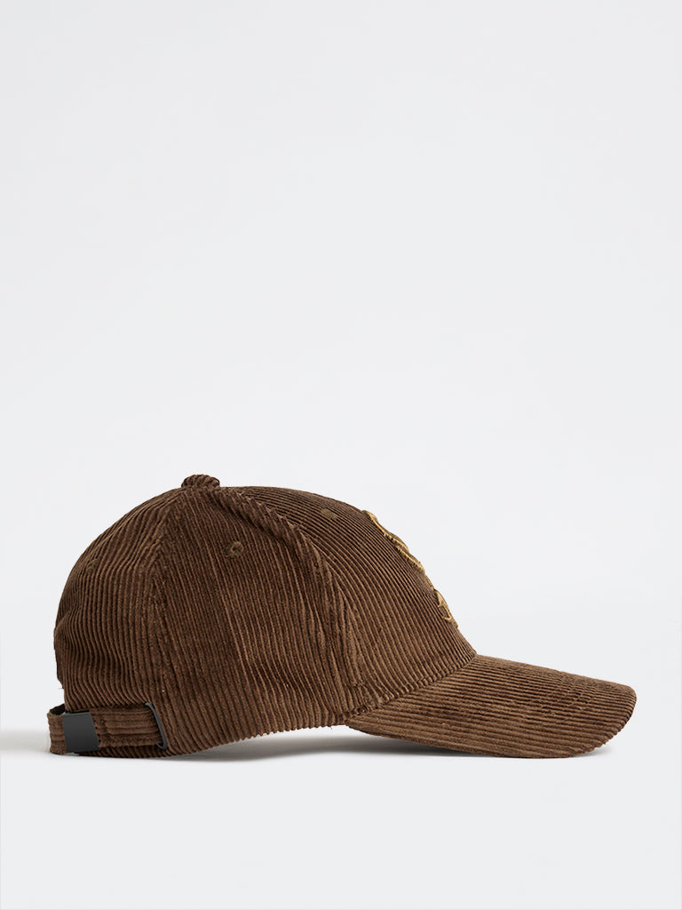 Nuon Dark Brown Text Design Corduroy Baseball Cap