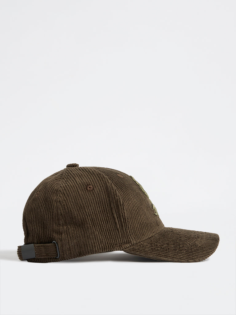 Nuon Dark Olive Text-Embroidered Corduroy Cap