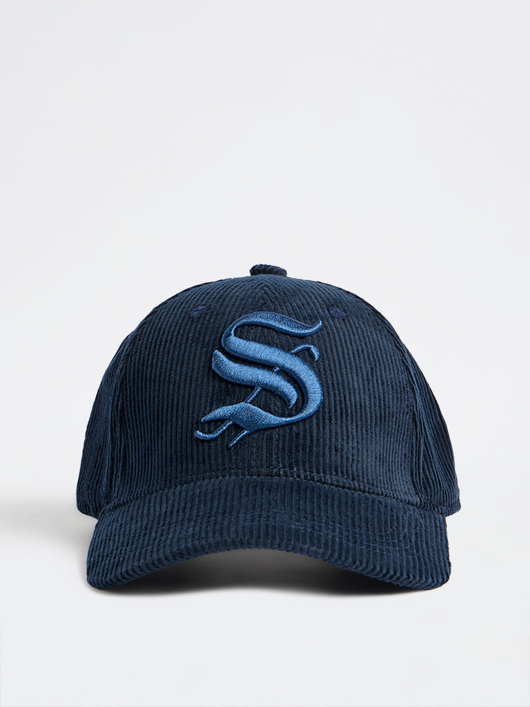 Nuon Navy Text-Embroidered Corduroy Cap