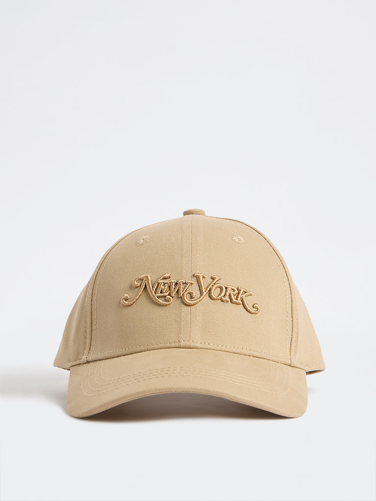 Nuon Beige Text-Embroidered Cap