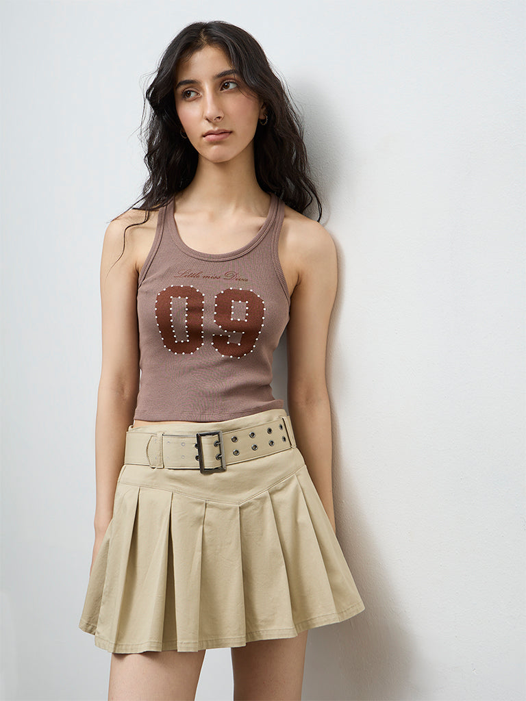 Nuon Taupe Printed Cotton-Blend Top