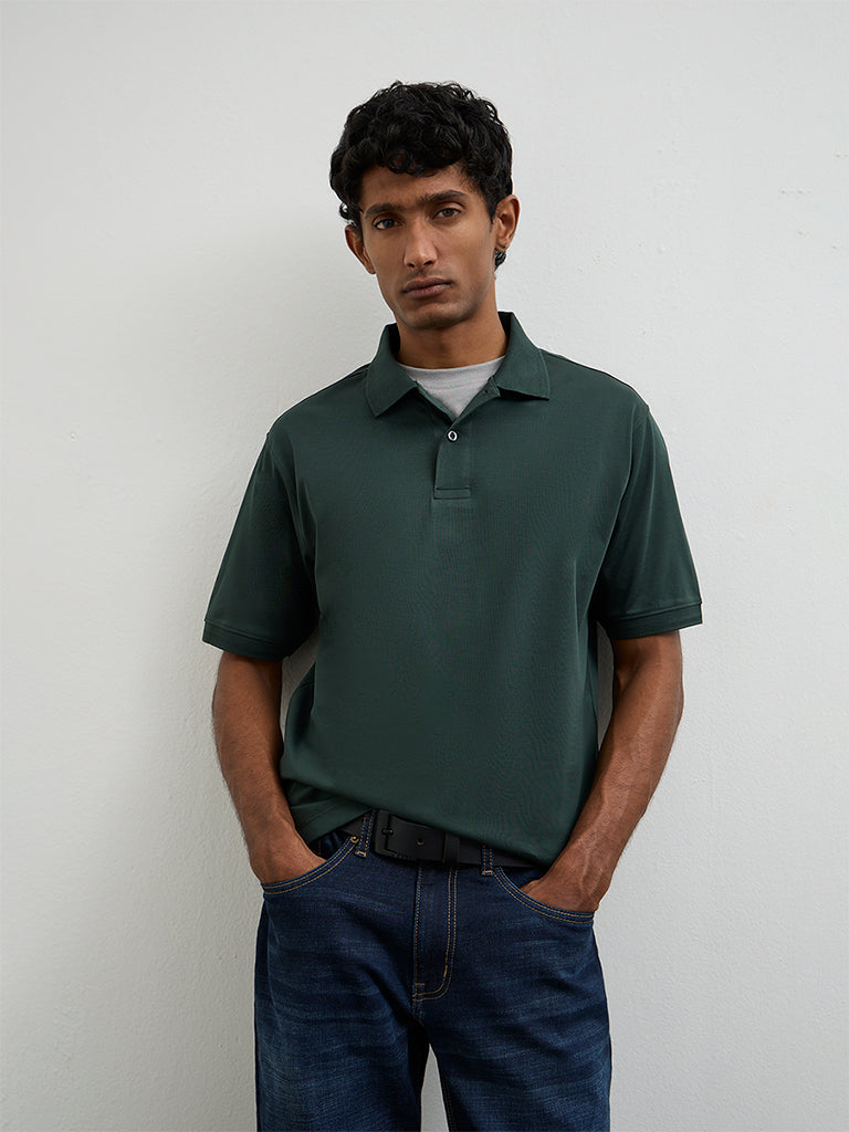 WES Casuals Dark Sage Relaxed-Fit Cotton Polo T-Shirt