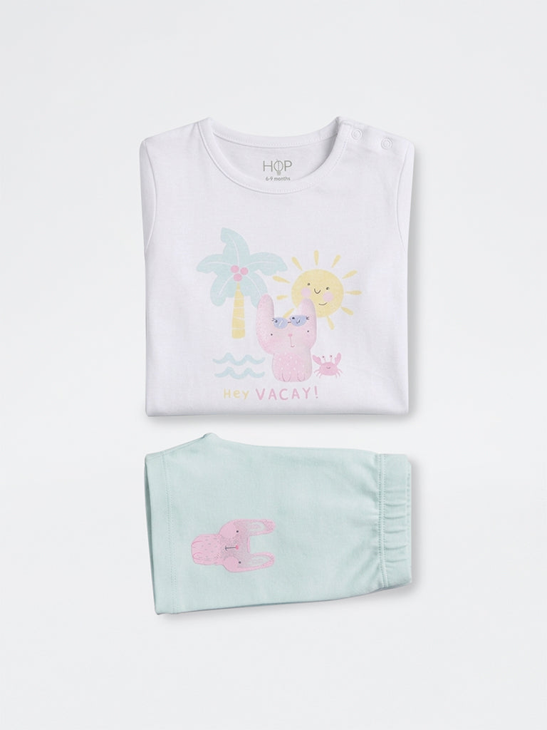 2-Piece HOP Baby Girls White Printed Cotton Set
