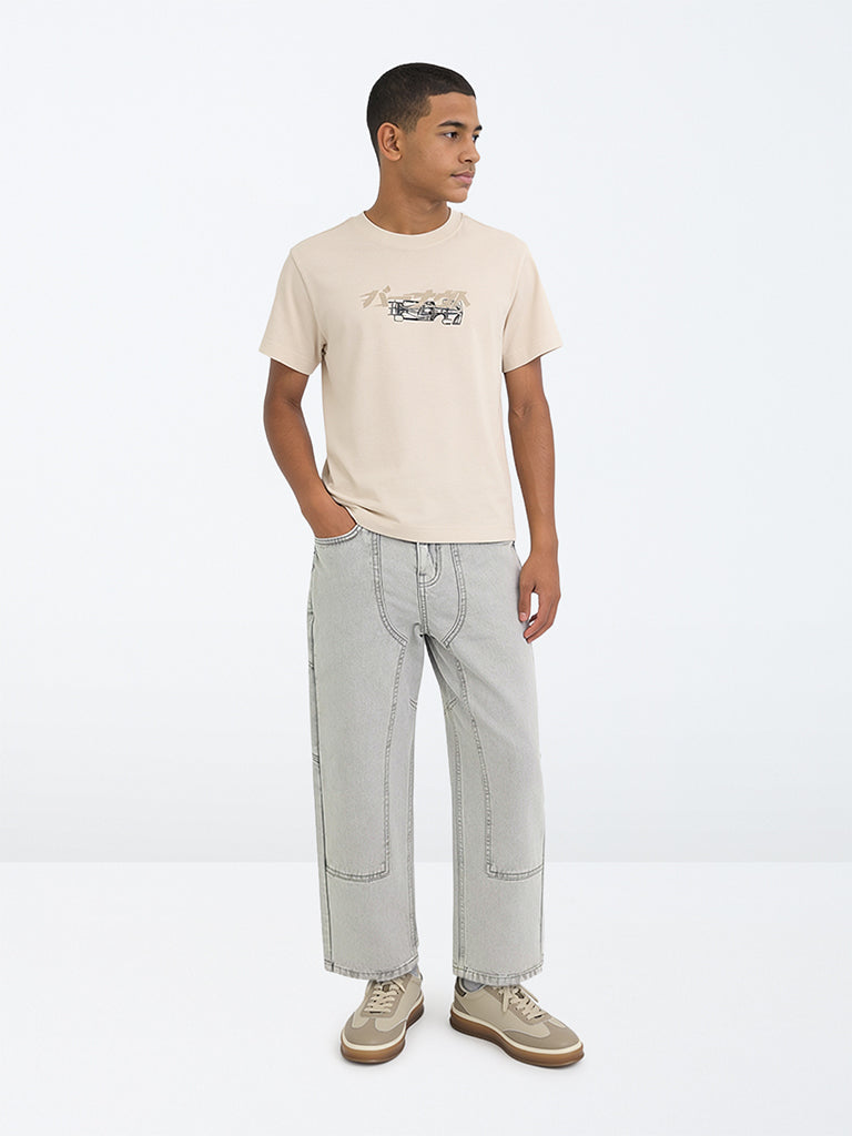 Boys Grey Washed Mid-Rise Jeans