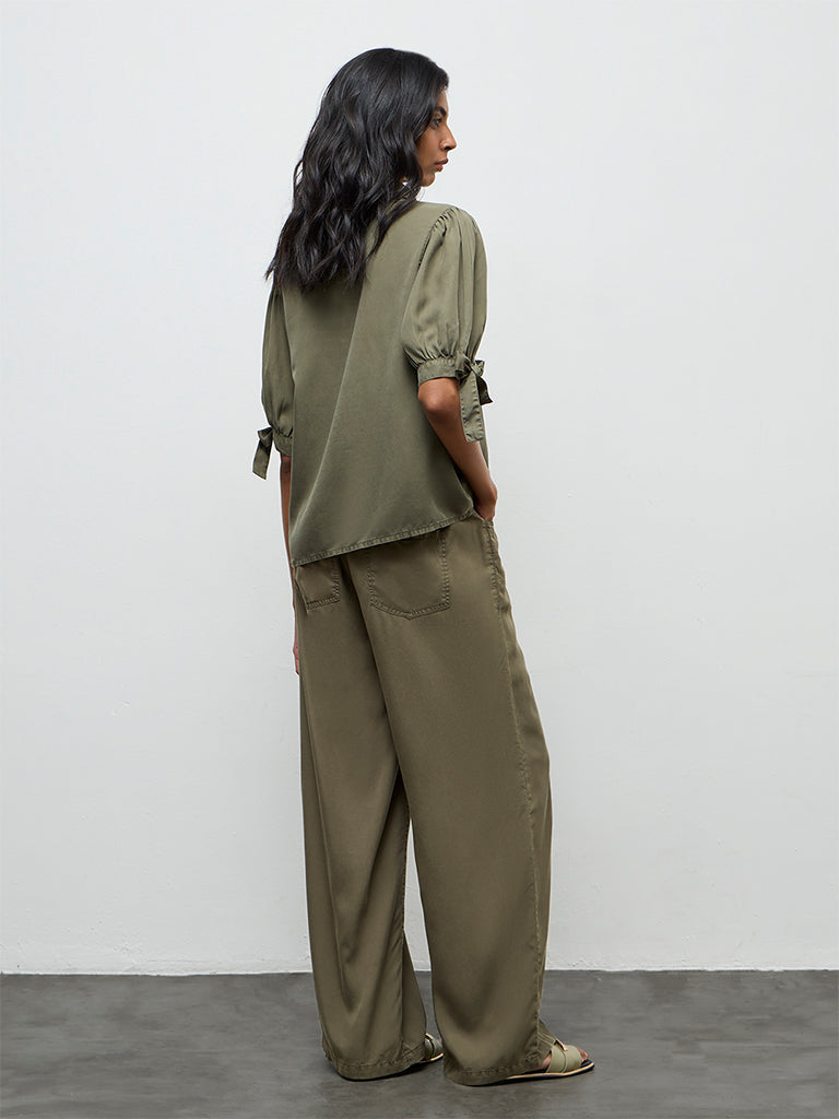 LOV Olive Solid Knot-Detailed High-Rise Denim Trousers