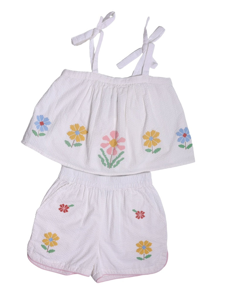 Girls White Floral Embroidered Cotton Top and Shorts Set