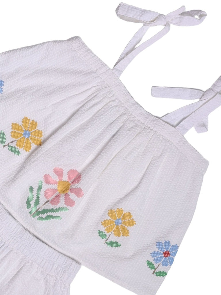 Girls White Floral Embroidered Cotton Top and Shorts Set
