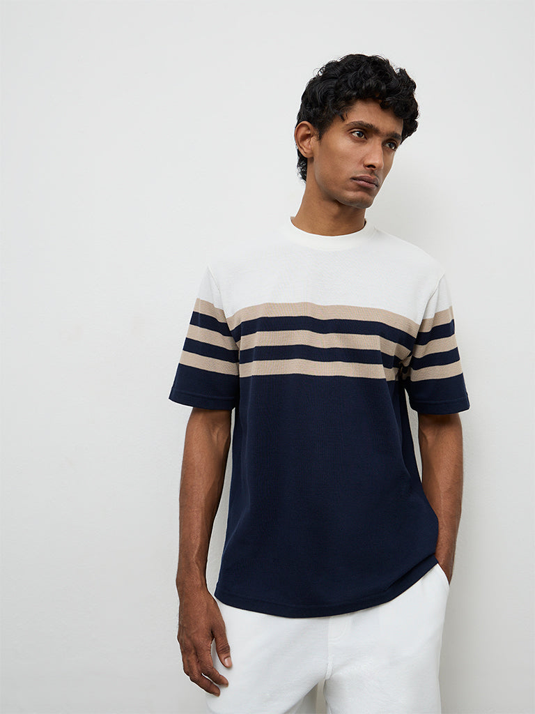 WES Lounge Navy Striped Relaxed-Fit Cotton T-Shirt