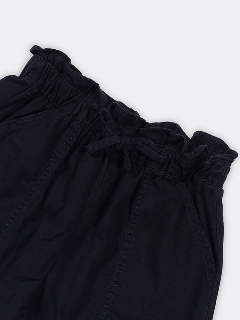 Girls Black Paperbag Cotton Shorts