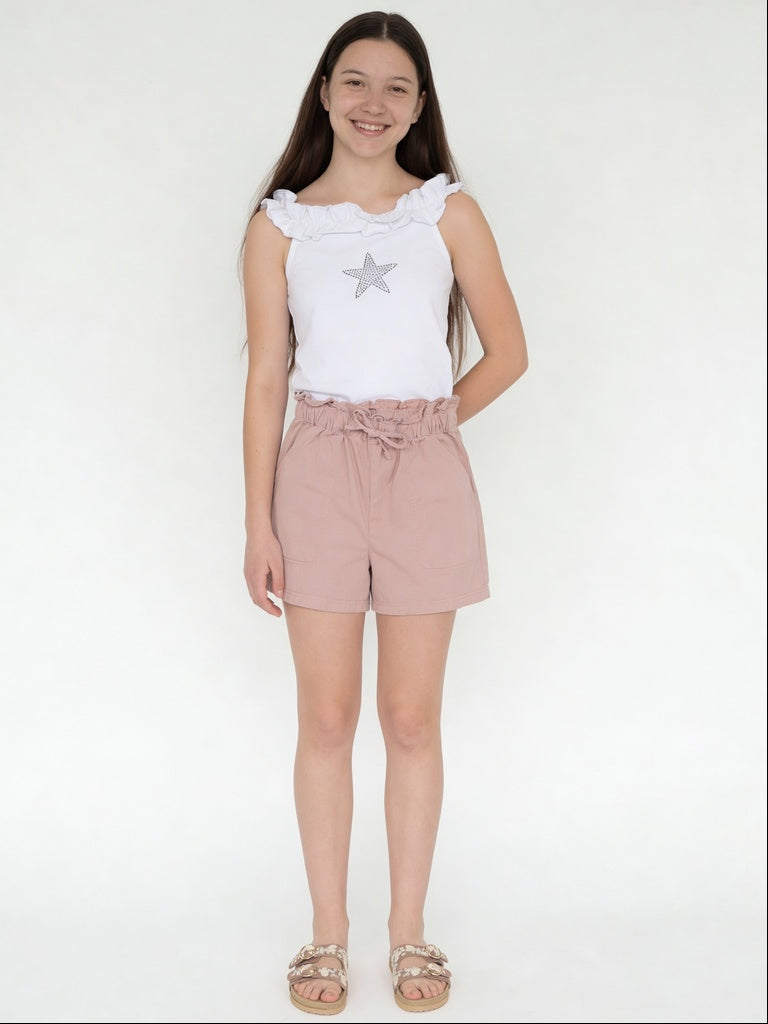 Girls Pink Paperbag Cotton Shorts