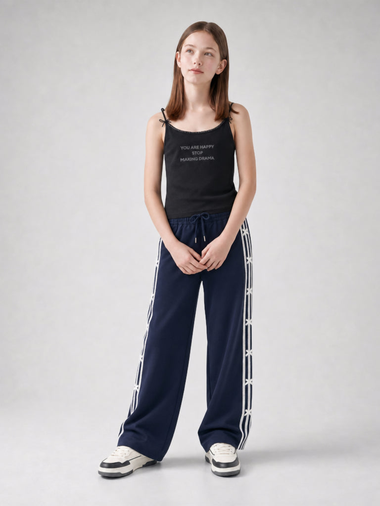 Girls Navy Bow-Detail High-Rise Track Pants